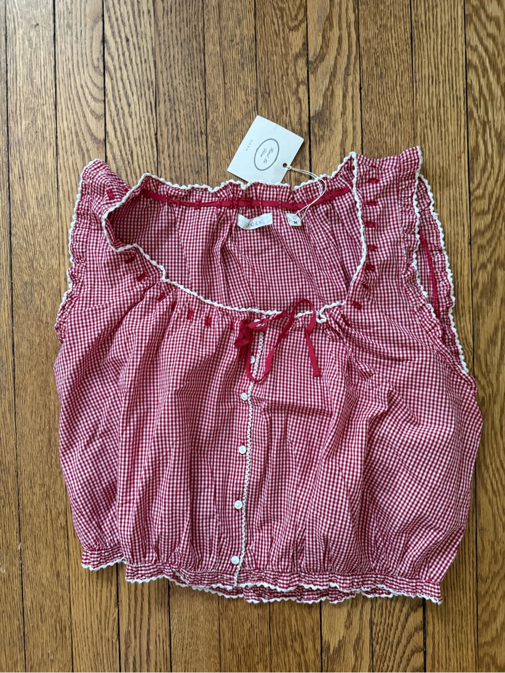 Doen Red Gingham Ruffle Traveler Top - Size Medium